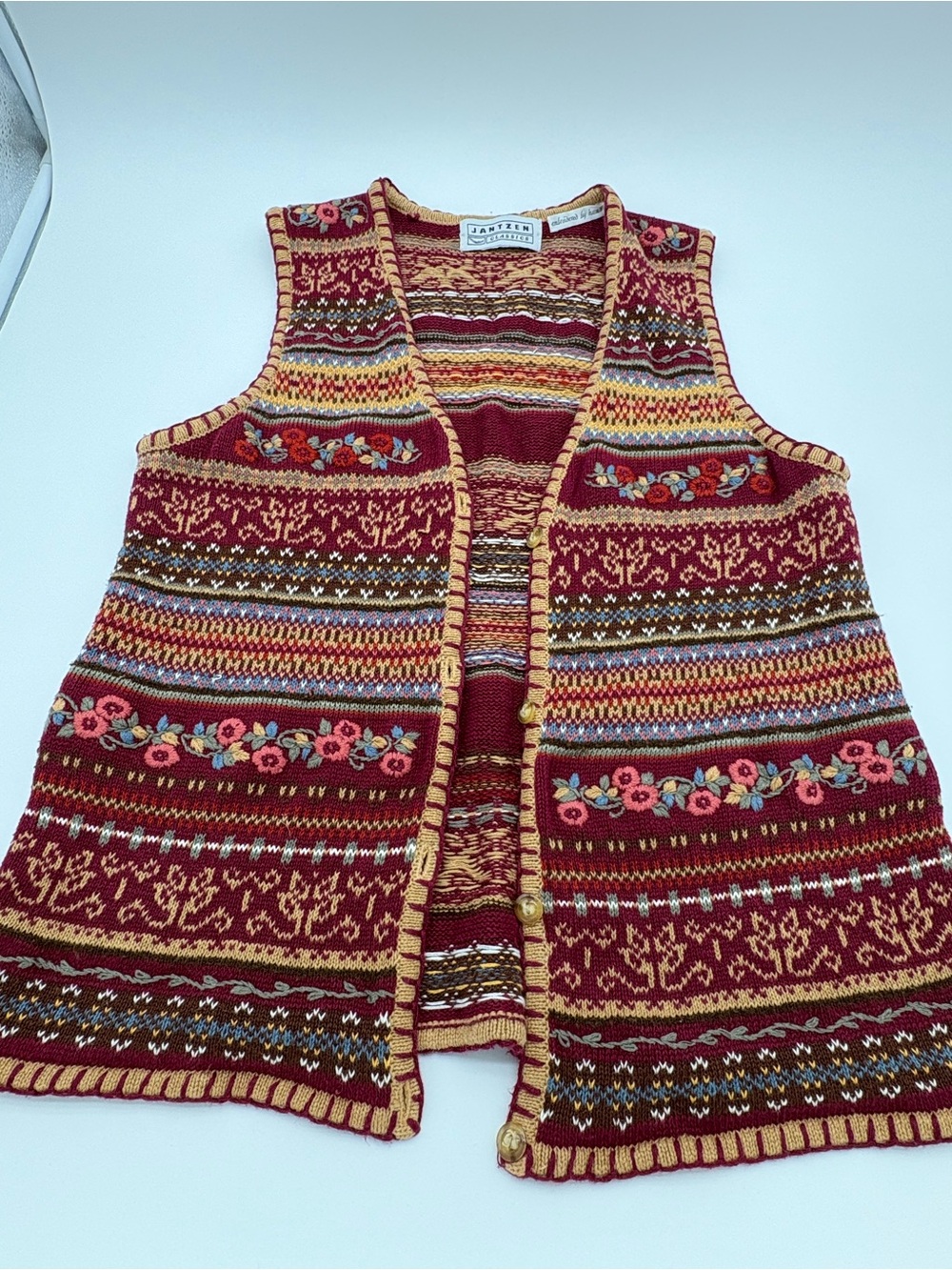 Vintage Maroon Patterned knit Vest with Floral Hand Embroidery Details Size L